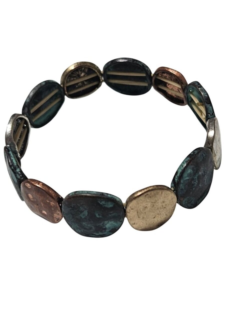 Mixed Metal Tone Stretch Bracelet Green Patina Discs Rustic Boho Art to Wear